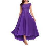 KURFACE Tea Length Mother of The Groom Dresses for Wedding with Sleeves Classy High Low Purple Bridesmaid Dress UK20