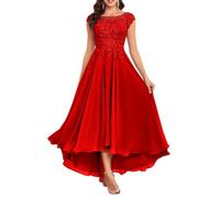 KURFACE Tea Length Mother of The Groom Dresses for Wedding with Sleeves Classy High Low Red Bridesmaid Dress UK20
