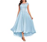 KURFACE Tea Length Petite Mother of The Bride Dresses with Sleeves Modest Lace Formal Light Blue Bridesmaid Dress for Wedding UK18