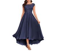 KURFACE Tea Length Petite Mother of The Bride Dresses with Sleeves Modest Lace Formal Navy Blue Bridesmaid Dress for Wedding UK18