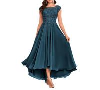 KURFACE Tea Length Petite Mother of The Bride Dresses with Sleeves Modest Lace Formal Peacock Bridesmaid Dress for Wedding UK18