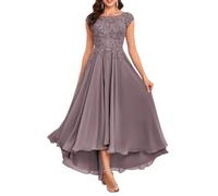 KURFACE Tea Length Petite Mother of The Bride Dresses with Sleeves Modest Lace Formal Wisteria Bridesmaid Dress for Wedding UK18