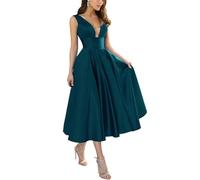 KURFACE Tea Length Satin Prom Dresses 2024 for Women V Neck A Line Teal Bridesmaid Dress with Pockets Ball Gown UK20