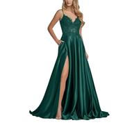 KURFACE Teal Prom Dresses with Slit for Women Lace Applique Formal Gown with Pockets Long Homecoming Dress UK10