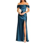 KURFACE Teal Satin Bridesmaid Dresses for Women with Slit Plus Size Off Shoulder Prom Dress Long Ball Gown UK30