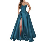 KURFACE Teal Satin Prom Dresses with Slit for Women Sleeveless Strapless Evening Party Gown Long Formal Dress UK14