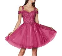KURFACE Tulle Homecoming Dress Hot Pink for Juniors Cold Shoulder A Line Lace Applique Prom Dress Knee Length Short Ball Gown UK10