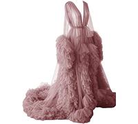 KURFACE Tulle Robe Dress for Women Long Puffy Sleeves Lingerie Dressing Gown Robes for Maternity Photoshoot Dusty Rose UK12
