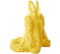 KURFACE Tulle Robe Dress for Women Long Puffy Sleeves Lingerie Dressing Gown Robes for Maternity Photoshoot Yellow UK18