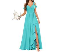 KURFACE Turquoise Bridesmaid Dresses Long for Women Ruched Pleated Chiffon Cold Shoulder Evening Formal Dress UK20
