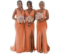 KURFACE V Neck Bridesmaid Dresses Long Pleated Chiffon Wedding Evening Party Gowns for Women with High Slit Dusty Orange UK18