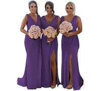 KURFACE V Neck Bridesmaid Dresses Long Pleated Chiffon Wedding Evening Party Gowns for Women with High Slit Purple UK18