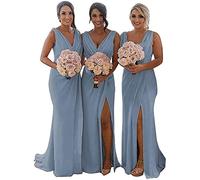 KURFACE V Neck Bridesmaid Dresses Long Pleated Chiffon Wedding Evening Party Gowns for Women with High Slit Dusty Blue UK18