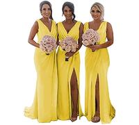 KURFACE Wedding Bridesmaid Dresses Plus Size Double V Neck Out Door Sleevelesss Formal Evening Party Gowns Yellow UK20