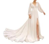 KURFACE Wedding Gown Long Sleeve V Neck Bridesmaid Dress for Women with Train Ivory UK12