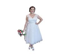 KURFACE White Plus Size Wedding Dresses for Women Tea Length Sleeveless Bridal Gown for Bride Short Ivory UK24