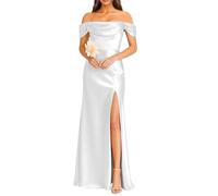KURFACE White Satin Bridesmaid Dresses for Women with Slit Plus Size Off Shoulder Prom Dress Long Ball Gown UK30