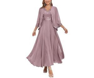 KURFACE Wisteria Lace Applique Chiffon Mother of The Bride Dresses with Jacket V Neck A Line Formal Evening Dress UK20