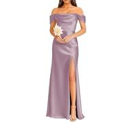 KURFACE Wisteria Satin Bridesmaid Dresses for Women with Slit Plus Size Off Shoulder Prom Dress Long Ball Gown UK30