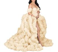 KURFACE Womens Maternity Dress For Photoshoot Long Tulle Robe Sheer Puffy Bridal Lingerie Bathgown Champagne M