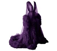 KURFACE Women's Tulle Robe Puffy Bridal Lingerie Bath Dress Dressing Gown Sheer Maternity Photoshoot Plum UK24