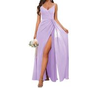 KURFACE Women's V Neck Bridesmaid Dresses Lilac for Women with Slit Pleated Chiffon Formal Dress Evening Gown UK14