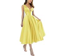 KURFACE Yellow Formal Evening Dresses for Wedding V Neck Elegant Satin Wedding Guest Tea Length Prom Dress 2024 UK12