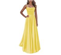 KURFACE Yellow Satin Prom Dresses for Teens 2024 Spaghetti Strap Cowl Neck Long Bridesmaid Dress Formal Gown UK24