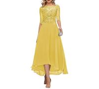 KURFACE Yellow Tea Length Mother of The Groom Dresses with Sleeves Chiffon High Low Lace Applique Formal Wedding Guest Gown UK12