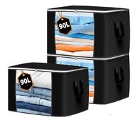 KURNI Storage Bags Clothes Organizer 3 Pack Black, Large Moving Boxes 90L Capacity, 3 Sided Zipper Storage Box. Dust/Mites Proof 60 x 43 x 35cm