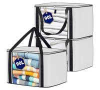 KURNI Storage Bags Clothes Organizer 3 Pack White, Large Moving Boxes With Top Lid 90L Capacity, 3 Sided Zipper Storage Box. Dust/Mites & Moisture Proof 60 x 43 x 35cm