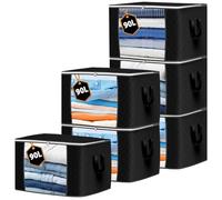 KURNI Storage Bags Clothes Organizer 6 Pack Black, Large Moving Boxes With Top Lid 90L Capacity, 3 Sided Zipper Storage Box. Dust/Mites & Moisture Proof 60 x 43 x 35cm