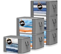 KURNI Storage Bags Clothes Organizer 6 Pack Grey, Large Moving Boxes 90L Capacity, 3 Sided Zipper Storage Box. Dust/Mites Proof 60 x 43 x 35cm