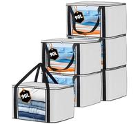 KURNI Storage Bags Clothes Organizer 6 Pack White, Large Moving Boxes With Top Lid 90L Capacity, 3 Sided Zipper Storage Box. Dust/Mites & Moisture Proof 60 x 43 x 35cm