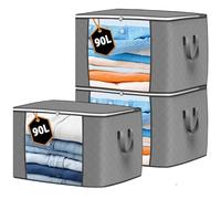 KURNI Storage Bags Clothes Organizer Foldable 3 Pack Grey, 90L Capacity, 3 Sided Zipper Storage Bag. Dust/Mites & Moisture Proof 60 x 43 x 35cm