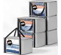 KURNI Storage Bags Clothes Organizer, Foldable 6 Pack Grey Storage Boxes, 90L Capacity, 3 Sided Zipper Bags. Dust/Mites & Moisture Proof 60 x 43 x 35cm