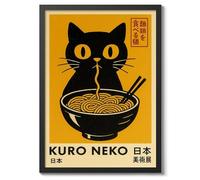Kuro Neko Cat Poster, Vintage Japanese Retro Food Illustration, Kitchen Wall Décor, A5 (Black Frame) - 24.1x17.9cm