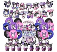Kuromi Birthday Decoration, Kuromi Cake Topper with 12 Cupcake Toppers 16 Balloons Happy Birthday Banner Party Decorations for Boys Girls Fans