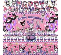 Kuromi Birthday Party Supplies, Party Decorations Set Include Banner, Backdrop, Balloons, Hanging Swirls, Cake Cupcake Toppers, Tablecloth for Girls Kuromi Theme Party