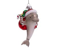 Kurt Adler 5.25-inch Noble Gems™ Glass Dolphin with Santa Hat & Gifts Ornament