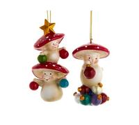 Kurt Adler Merry Mushrooms Holding Ornaments - 4 Inch Red/White Resin Christmas Tree Ornament; Set of 2
