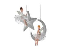 Kurt S. Adler Elegant Whimsical Ballerina, Fairy, Angel Ornaments (Set of 2 Silver and White 4" Fairy Moon and Star Ornaments E0657)