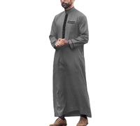 Kurta Muslim Men Thobe Jubba White Long Sleeve Kaftan Button Down with Pocket Big and Tall Hood Black Throbe Islam for Grey L
