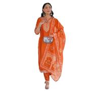 Kurta Set with Pant and Dupatta for Women Embroidered Indian Outfit Wedding Party Ethnic Dress, Orange, M