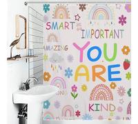 Kurtect Colorful Rainbow Shower Curtain,Kids Cartoon Cute Flowers Sun Boho Hippe Quote Print for Bathroom Bathtubs Curtains Cloth Fabric Home Decor with Hooks Set,72x72Inch
