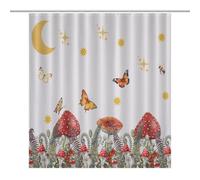 Kurtect Mushroom Shower Curtain,Retro Boho Plant Botanical Colorful Butterfly Moon Star Print for Bathroom Curtain Cloth Fabric Home Decor with Hooks Set, 66x72Inch（168x183cm