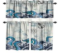 Kurtect Nautical Kitchen Curtain,Coastal Map Sailboat Compass Anchor Vintage Ocean Octopus Tentacles Blue Bedroom Dining Room Cafe Office Living Room Drapes,54 x 18 in + 27 x 24 in*2