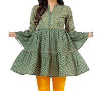 Kurti for Women: Premium Indian Kurtis Ethnic Tops - Stylish Tunics for Casual, Party and Festive Wear DKF05 Indians Frock Style Cotton Green Floral Band Peplum Collared NeckCasual (Numeric_18) Green
