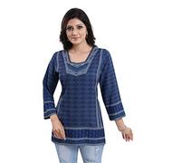 Kurti for Women: Premium Indian Kurtis Ethnic Tops - Stylish Tunics for Casual, Party and Festive Wear MID558 Indians Polyester Blue Graphic Tunic V-Neck Mini 3/4 Sleeve Machine Wash (Numeric_10) Blue