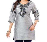Kurti for Women: Premium Indian Kurtis Ethnic Tops - Stylish Tunics for Casual, Party and Festive Wear RJ203GR Indians Silk Blend Grey Solid Tunic Round Neck MiniCasual (Numeric_18) Grey